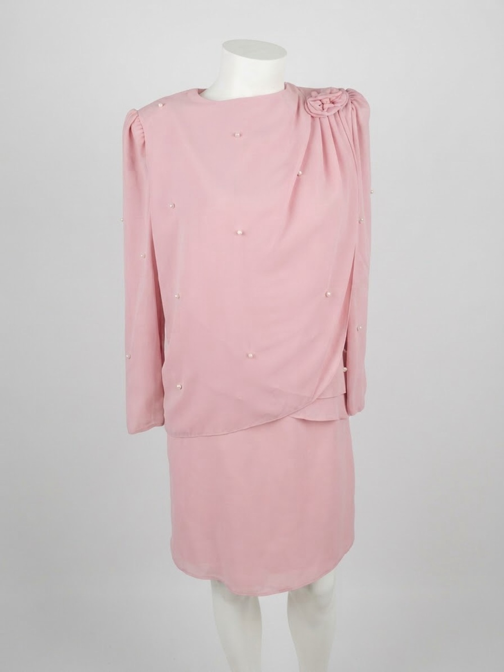 Vintage 80s Pink Pearl Embellished Cocktail Dress Rosette Draped Long Sleeve
